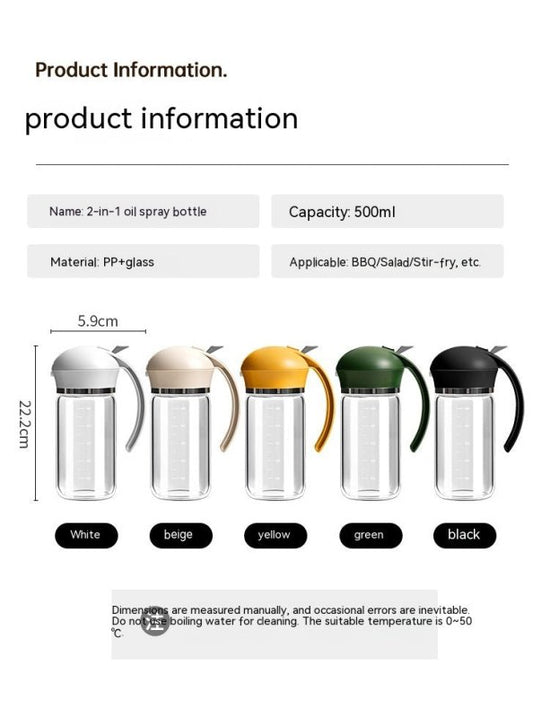 Oil Dispenser Spray And Pour Dual-purpose Oiler $28.00 Dana Fashion capacity: Black 500ml Dana's Kitchen Product information: Function: pour oil/turn Oil Brush into one, press and spray oil Material: Glass Style: modern simplicity Capacity: Black 500ml, y