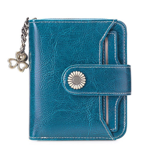 Oil Wax Genuine Leather Lady's Wallet European And American Style $45.50 Dana Fashion Color: Peacock Blue Women's Bags Product information: Lining texture: Polyester Applicable scenarios: Daily matching Color: wine red, peacock blue, Midnight Black, Palae