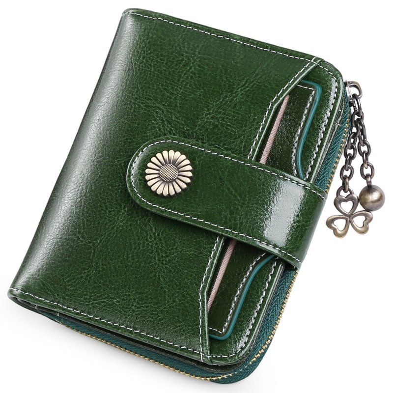 Oil Wax Genuine Leather Lady's Wallet European And American Style $45.50 Dana Fashion Color: Retro Green Women's Bags Product information: Lining texture: Polyester Applicable scenarios: Daily matching Color: wine red, peacock blue, Midnight Black, Palaeo