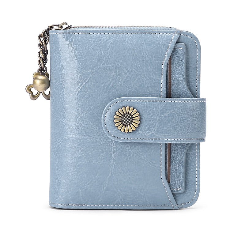 Oil Wax Genuine Leather Lady's Wallet European And American Style $45.50 Dana Fashion Color: Custom Light Blue Women's Bags Product information: Lining texture: Polyester Applicable scenarios: Daily matching Color: wine red, peacock blue, Midnight Black,