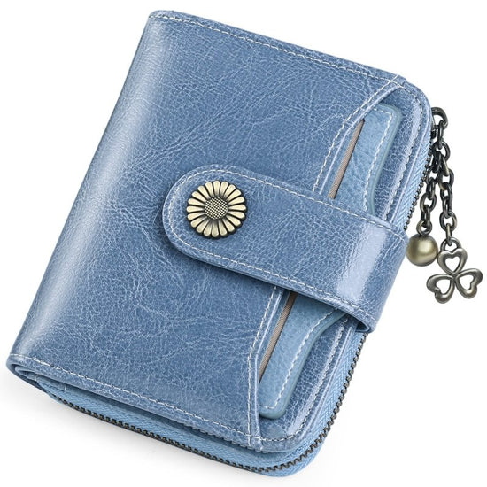 Oil Wax Genuine Leather Lady's Wallet European And American Style $45.50 Dana Fashion Color: Customized Gray And Blue Women's Bags Product information: Lining texture: Polyester Applicable scenarios: Daily matching Color: wine red, peacock blue, Midnight