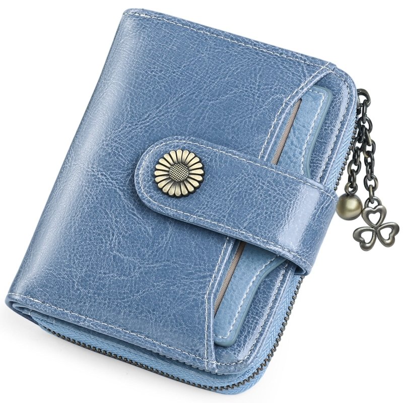 Oil Wax Genuine Leather Lady's Wallet European And American Style $45.50 Dana Fashion Color: Customized Gray And Blue Women's Bags Product information: Lining texture: Polyester Applicable scenarios: Daily matching Color: wine red, peacock blue, Midnight