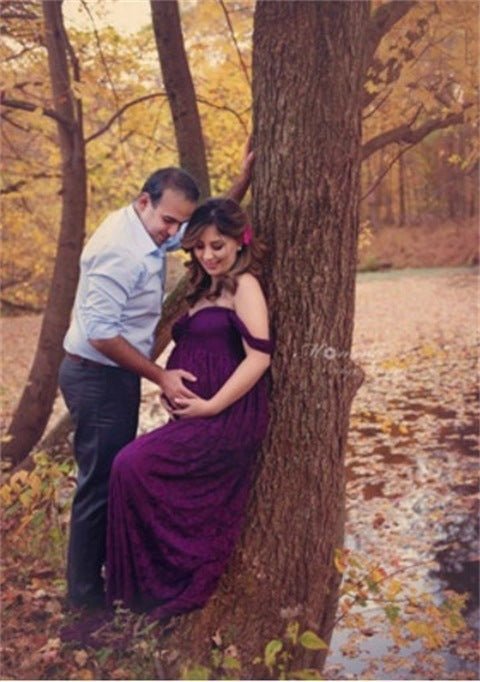 One-shoulder wedding dress Korean lace maternity dress $31.97 Dana Fashion Color: Purple Size: L Baby & Mother Style type: Temperament commute Process: collage/splicing Fabric name: cotton Main fabric composition: cotton size bust Front length Back length