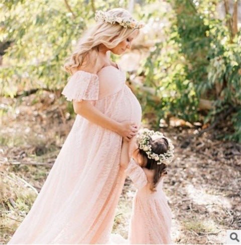 One-shoulder wedding dress Korean lace maternity dress $31.97 Dana Fashion Color: Apricot Size: L Baby & Mother Style type: Temperament commute Process: collage/splicing Fabric name: cotton Main fabric composition: cotton size bust Front length Back lengt