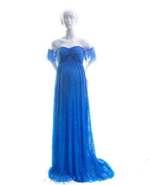 One-shoulder wedding dress Korean lace maternity dress $31.97 Dana Fashion Color: Blue Size: L Baby & Mother Style type: Temperament commute Process: collage/splicing Fabric name: cotton Main fabric composition: cotton size bust Front length Back length s
