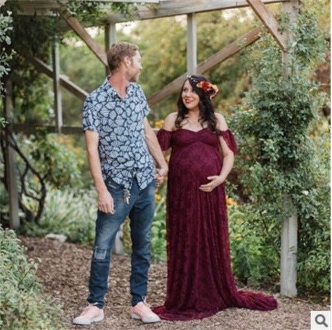 One-shoulder wedding dress Korean lace maternity dress $31.97 Dana Fashion Color: Red wine Size: L Baby & Mother Style type: Temperament commute Process: collage/splicing Fabric name: cotton Main fabric composition: cotton size bust Front length Back leng