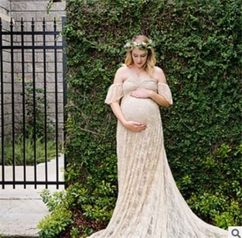 One-shoulder wedding dress Korean lace maternity dress $31.97 Dana Fashion Color: Apricot Size: L Baby & Mother Style type: Temperament commute Process: collage/splicing Fabric name: cotton Main fabric composition: cotton size bust Front length Back lengt