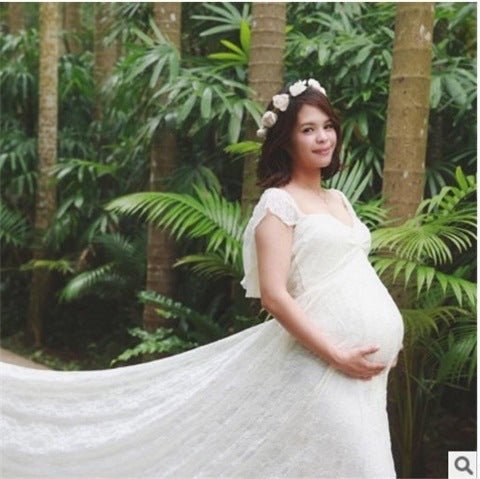 One-shoulder wedding dress Korean lace maternity dress $31.97 Dana Fashion Color: White Size: L Baby & Mother Style type: Temperament commute Process: collage/splicing Fabric name: cotton Main fabric composition: cotton size bust Front length Back length