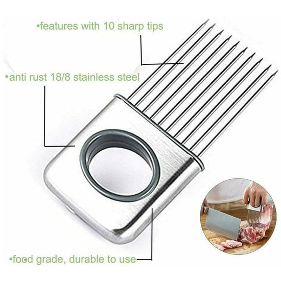 Onion Holder Slicer Vegetable tools Tomato Cutter Stainless Steel Kitchen Gadget $27.68 Dana Fashion default: default Dana's Kitchen Description: - Use for cutting onion, tomato, potato, lemon, fruit, hot food and more hands-free with this one simple tool