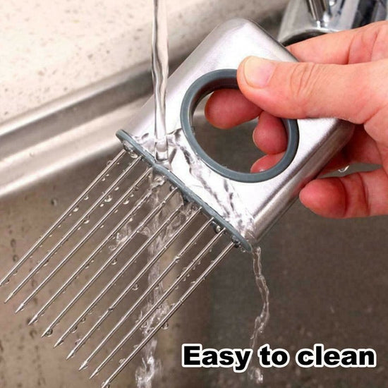 Onion Holder Slicer Vegetable tools Tomato Cutter Stainless Steel Kitchen Gadget $27.68 Dana Fashion default: default Dana's Kitchen Description: - Use for cutting onion, tomato, potato, lemon, fruit, hot food and more hands-free with this one simple tool