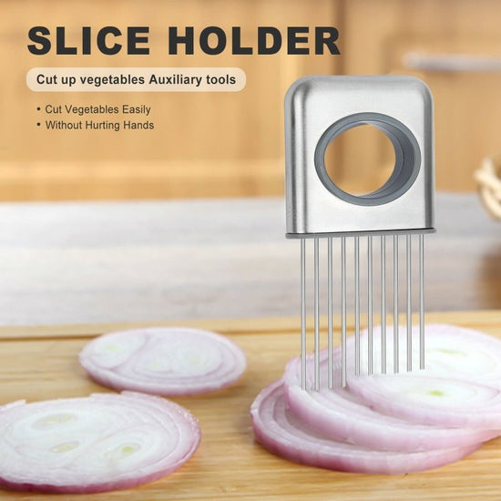 Onion Holder Slicer Vegetable tools Tomato Cutter Stainless Steel Kitchen Gadget $27.68 Dana Fashion default: default Dana's Kitchen Description: - Use for cutting onion, tomato, potato, lemon, fruit, hot food and more hands-free with this one simple tool