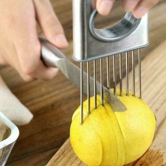 Onion Holder Slicer Vegetable tools Tomato Cutter Stainless Steel Kitchen Gadget $27.68 Dana Fashion default: default Dana's Kitchen Description: - Use for cutting onion, tomato, potato, lemon, fruit, hot food and more hands-free with this one simple tool