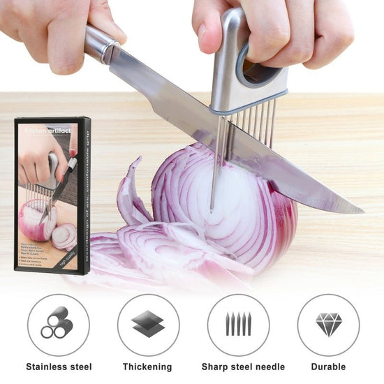 Onion Holder Slicer Vegetable tools Tomato Cutter Stainless Steel Kitchen Gadget $27.68 Dana Fashion default: default Dana's Kitchen Description: - Use for cutting onion, tomato, potato, lemon, fruit, hot food and more hands-free with this one simple tool
