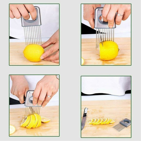 Onion Holder Slicer Vegetable tools Tomato Cutter Stainless Steel Kitchen Gadget $27.68 Dana Fashion default: default Dana's Kitchen Description: - Use for cutting onion, tomato, potato, lemon, fruit, hot food and more hands-free with this one simple tool