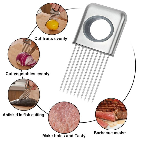 Onion Holder Slicer Vegetable tools Tomato Cutter Stainless Steel Kitchen Gadget $27.68 Dana Fashion default: default Dana's Kitchen Description: - Use for cutting onion, tomato, potato, lemon, fruit, hot food and more hands-free with this one simple tool
