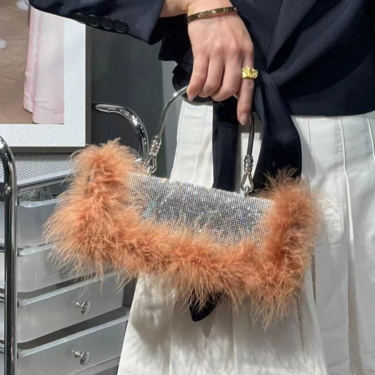 Ostrich Hair Rhinocaster Bag Female Mink Hair Inlaid With Diamond Full Drill Single Shoulder Crossbody $55.00 Dana Fashion Color: Black Women's Bags Product information: Color: White, Black, mint Green, Blue, light purple, Rose, gray, Brown 1 Material: ac