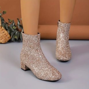 Outfit Sequin Chunky Heel Soft Bottom Women's Side Zipper Boots $44.50 Dana Fashion Color: Gold Size: 36 Women's shoes Product information: Lining material: PU Applicable sports: Hiking Color: pink, gold, silver Upper height: Middle top Heel height: mid h