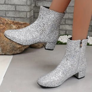 Outfit Sequin Chunky Heel Soft Bottom Women's Side Zipper Boots $44.50 Dana Fashion Color: Silver Size: 36 Women's shoes Product information: Lining material: PU Applicable sports: Hiking Color: pink, gold, silver Upper height: Middle top Heel height: mid
