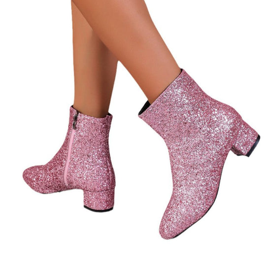 Outfit Sequin Chunky Heel Soft Bottom Women's Side Zipper Boots $44.50 Dana Fashion Color: Gold Size: 36 Women's shoes Product information: Lining material: PU Applicable sports: Hiking Color: pink, gold, silver Upper height: Middle top Heel height: mid h
