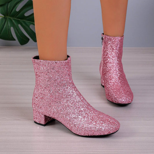 Outfit Sequin Chunky Heel Soft Bottom Women's Side Zipper Boots $44.50 Dana Fashion Color: Gold Size: 36 Women's shoes Product information: Lining material: PU Applicable sports: Hiking Color: pink, gold, silver Upper height: Middle top Heel height: mid h