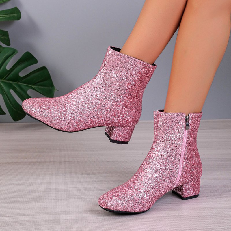 Outfit Sequin Chunky Heel Soft Bottom Women's Side Zipper Boots $44.50 Dana Fashion Color: Gold Size: 36 Women's shoes Product information: Lining material: PU Applicable sports: Hiking Color: pink, gold, silver Upper height: Middle top Heel height: mid h