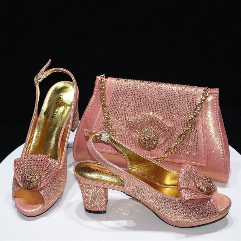 Peep Toe Shoes Rhinestone Chunky Heel High Heel Clutch $189.00 Dana Fashion Color: Peach Size: 37 Women's shoes Product information: Lining material: PU Scaffolding shape: Pointed Color: Magenta, orange, peach, silver, gold, green Upper material: PU Size: