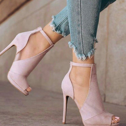 Peep Toe Stiletto Heel Side Empty Back Zipper Plus Size Women's Sandals $50.47 Dana Fashion Color: Pink Size: 34 Women's shoes Product information: Pattern: solid color Lining material: imitation leather Color: Pink Upper height: high top Processing Metho