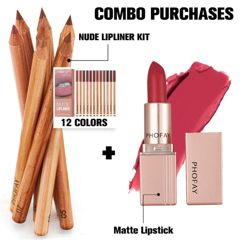 PHOFAY Nude Lipliner Kit And Matte Lipstick $125.50 Dana Fashion Color: 02Set makeup Net Weight: 0.8g x 12pcs Functions: Long-lasting, Matte finish Suggested Usage: Starting at the outer corners, glide along lips to line and define. Net Weight: 3.5g Funct