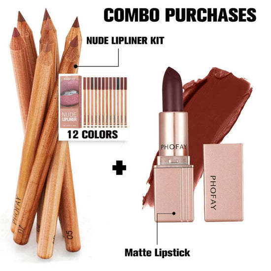 PHOFAY Nude Lipliner Kit And Matte Lipstick $125.50 Dana Fashion Color: 01Set makeup Net Weight: 0.8g x 12pcs Functions: Long-lasting, Matte finish Suggested Usage: Starting at the outer corners, glide along lips to line and define. Net Weight: 3.5g Funct