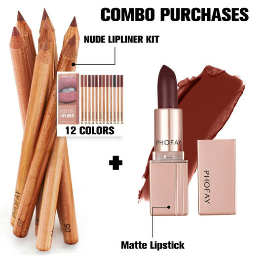 PHOFAY Nude Lipliner Kit And Matte Lipstick $125.50 Dana Fashion Color: 01Set makeup Net Weight: 0.8g x 12pcs Functions: Long-lasting, Matte finish Suggested Usage: Starting at the outer corners, glide along lips to line and define. Net Weight: 3.5g Funct