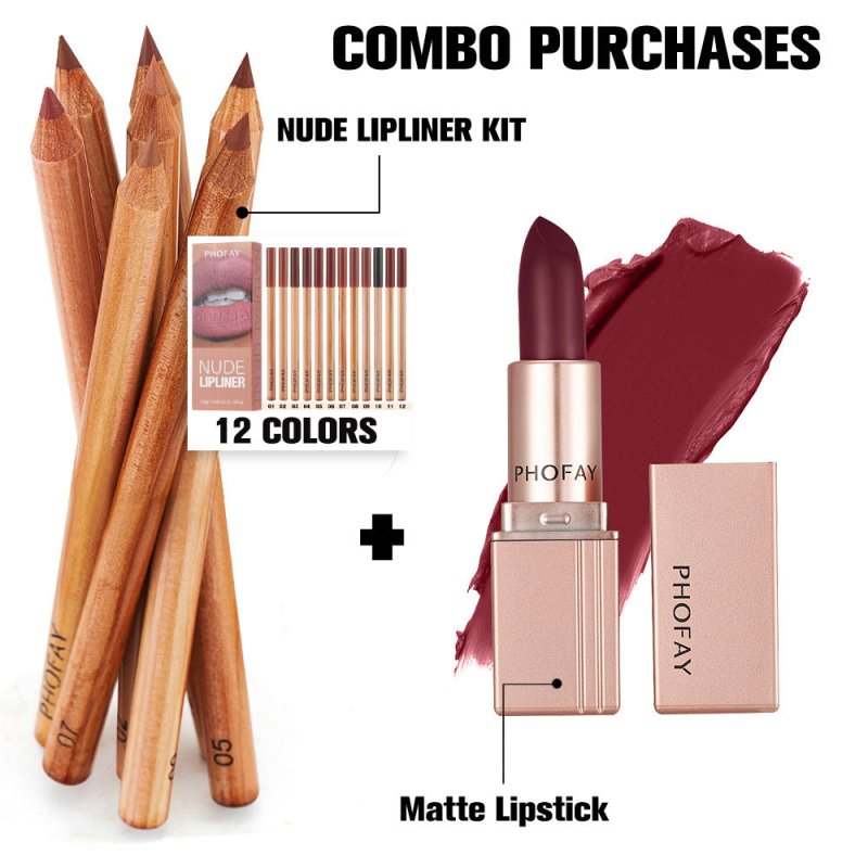 PHOFAY Nude Lipliner Kit And Matte Lipstick $125.50 Dana Fashion Color: 07Set makeup Net Weight: 0.8g x 12pcs Functions: Long-lasting, Matte finish Suggested Usage: Starting at the outer corners, glide along lips to line and define. Net Weight: 3.5g Funct