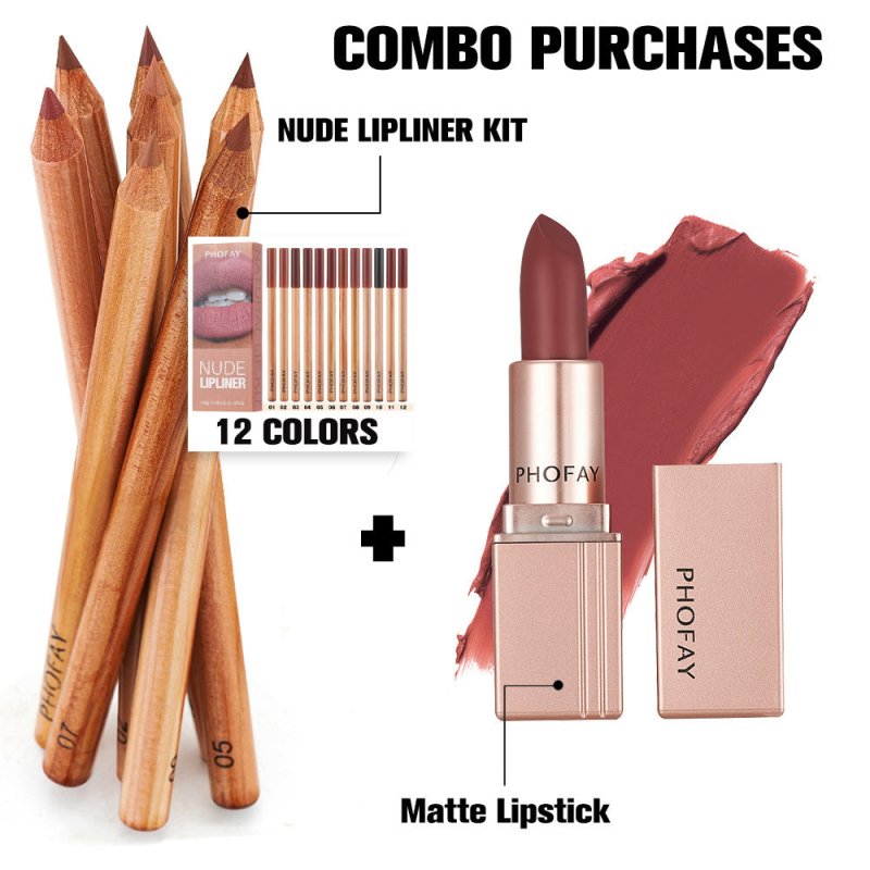 PHOFAY Nude Lipliner Kit And Matte Lipstick $125.50 Dana Fashion Color: 01Set makeup Net Weight: 0.8g x 12pcs Functions: Long-lasting, Matte finish Suggested Usage: Starting at the outer corners, glide along lips to line and define. Net Weight: 3.5g Funct