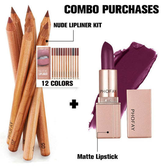 PHOFAY Nude Lipliner Kit And Matte Lipstick $125.50 Dana Fashion Color: 06Set makeup Net Weight: 0.8g x 12pcs Functions: Long-lasting, Matte finish Suggested Usage: Starting at the outer corners, glide along lips to line and define. Net Weight: 3.5g Funct