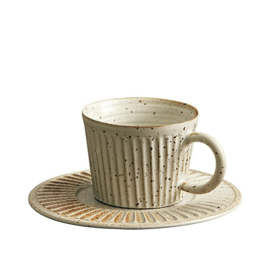 Playthings Japanese Single Product Coffee Cup With Saucer, Stoneware Stripes $37.49 Dana Fashion Color: Carbon black Dana's Kitchen Product Information: Material: pottery Style: Japanese Popular elements: retro style Color classification: Fog white, sligh
