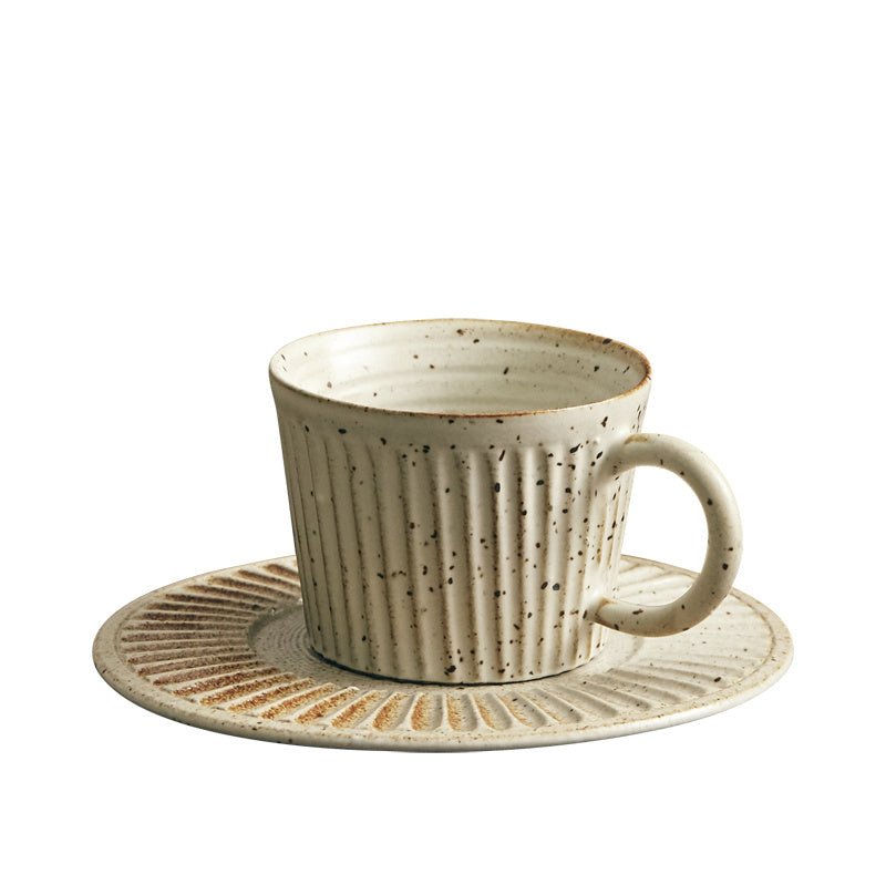 Playthings Japanese Single Product Coffee Cup With Saucer, Stoneware Stripes $37.49 Dana Fashion Color: Carbon black Dana's Kitchen Product Information: Material: pottery Style: Japanese Popular elements: retro style Color classification: Fog white, sligh