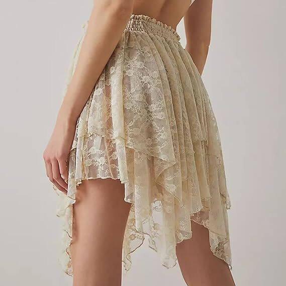 Pleated Frill Lace Layered Women's Y2g Lace Mini Skirt $39.90 Dana Fashion Color: Beige Size: L Women's clothing Product information: Fabric name: lace Skirt-type: asymmetric skirt Color: creamy-white, Black Main fabric composition: Spandex Size: S,M,L St