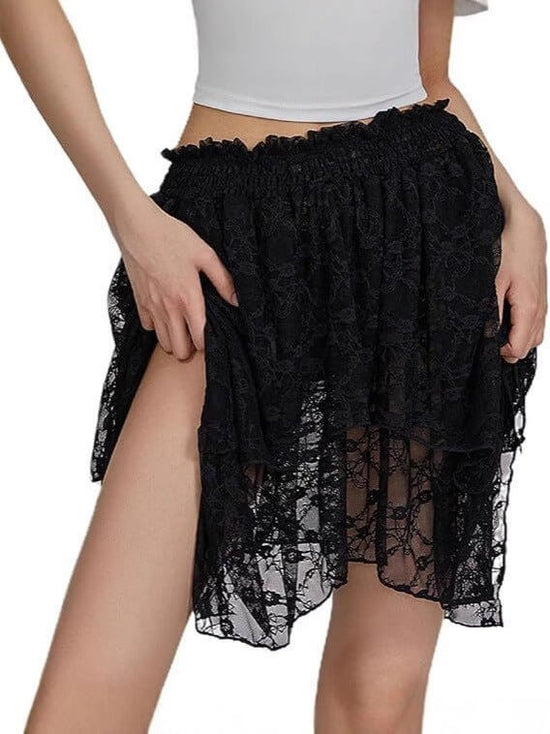 Pleated Frill Lace Layered Women's Y2g Lace Mini Skirt $39.90 Dana Fashion Color: Black Size: L Women's clothing Product information: Fabric name: lace Skirt-type: asymmetric skirt Color: creamy-white, Black Main fabric composition: Spandex Size: S,M,L St