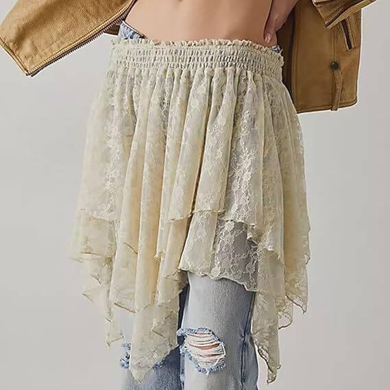 Pleated Frill Lace Layered Women's Y2g Lace Mini Skirt $39.90 Dana Fashion Color: Beige Size: L Women's clothing Product information: Fabric name: lace Skirt-type: asymmetric skirt Color: creamy-white, Black Main fabric composition: Spandex Size: S,M,L St