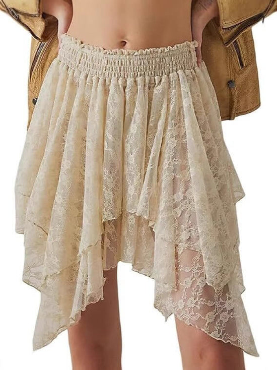 Pleated Frill Lace Layered Women's Y2g Lace Mini Skirt $39.90 Dana Fashion Color: Beige Size: L Women's clothing Product information: Fabric name: lace Skirt-type: asymmetric skirt Color: creamy-white, Black Main fabric composition: Spandex Size: S,M,L St