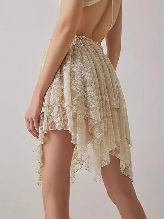 Pleated Frill Lace Layered Women's Y2g Lace Mini Skirt $39.90 Dana Fashion Color: Beige Size: L Women's clothing Product information: Fabric name: lace Skirt-type: asymmetric skirt Color: creamy-white, Black Main fabric composition: Spandex Size: S,M,L St