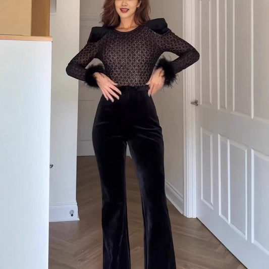 Pleuche Patchwork Long Sleeve Jumpsuit $59.00 Dana Fashion Size: L Color: Black Women's clothing Product information: Color: Black Elastic: medium elastic Pants length: trousers Waist Type: Mid waist Size: S,M,L,XL Popular elements: lace-up Thickness: med