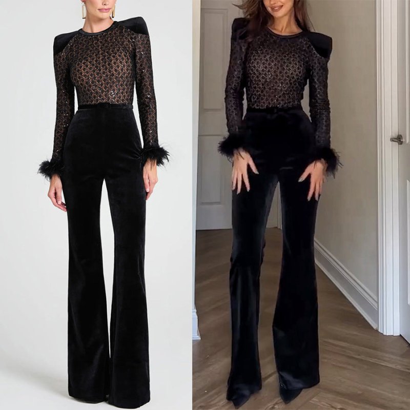 Pleuche Patchwork Long Sleeve Jumpsuit $59.00 Dana Fashion Size: L Color: Black Women's clothing Product information: Color: Black Elastic: medium elastic Pants length: trousers Waist Type: Mid waist Size: S,M,L,XL Popular elements: lace-up Thickness: med