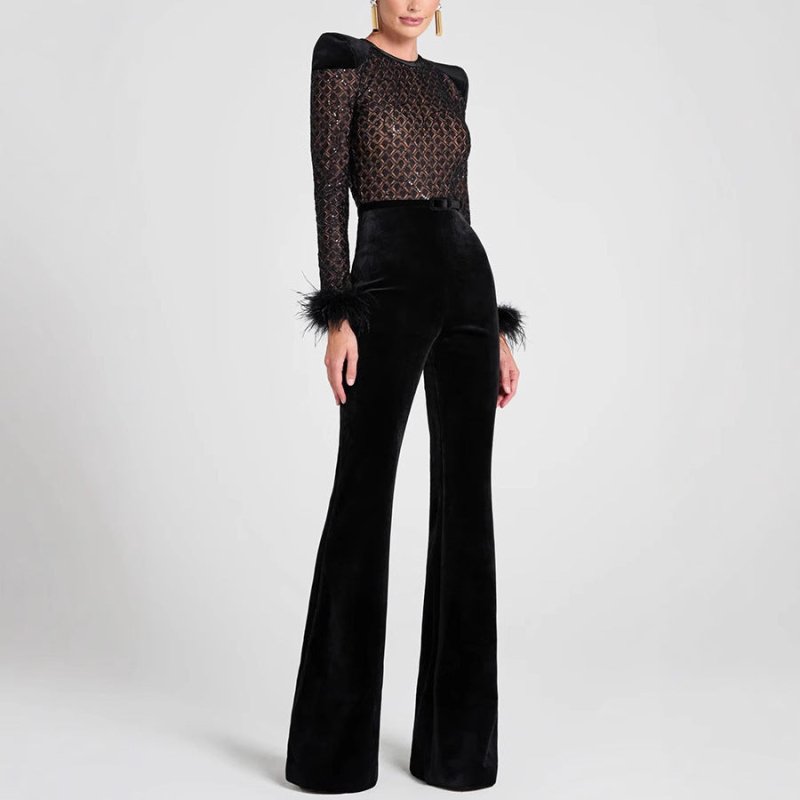 Pleuche Patchwork Long Sleeve Jumpsuit $59.00 Dana Fashion Size: L Color: Black Women's clothing Product information: Color: Black Elastic: medium elastic Pants length: trousers Waist Type: Mid waist Size: S,M,L,XL Popular elements: lace-up Thickness: med