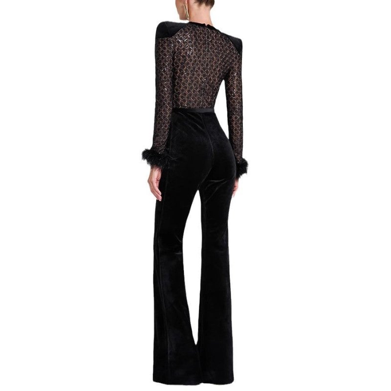 Pleuche Patchwork Long Sleeve Jumpsuit $59.00 Dana Fashion Size: L Color: Black Women's clothing Product information: Color: Black Elastic: medium elastic Pants length: trousers Waist Type: Mid waist Size: S,M,L,XL Popular elements: lace-up Thickness: med