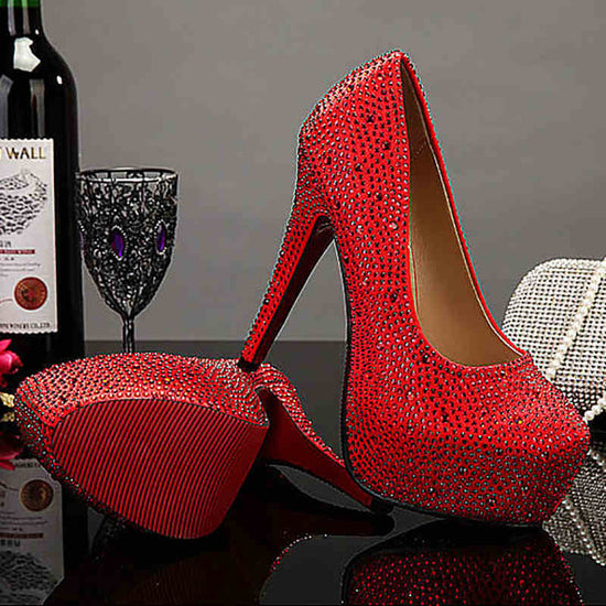 Plus Size Crystal 14cm Super High Heels $95.12 Dana Fashion Color: Red 14cm Size: 34 Women's shoes Product information: Size: 34,37,41,39,36,38,35,40,42 Upper material: sequin cloth Shoe Manufacturing Process: glued shoes Style: Pumps Insole material: PU