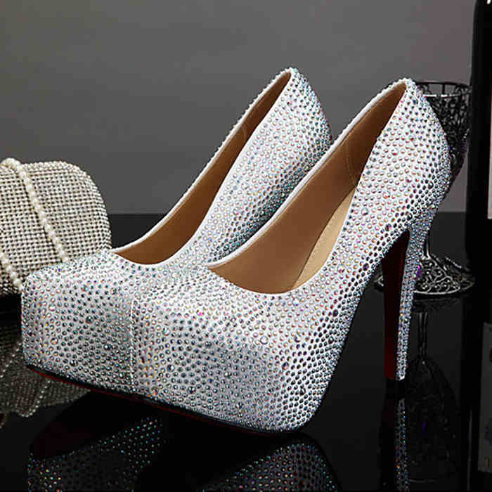 Plus Size Crystal 14cm Super High Heels $95.12 Dana Fashion Color: Silver 14CM Size: 34 Women's shoes Product information: Size: 34,37,41,39,36,38,35,40,42 Upper material: sequin cloth Shoe Manufacturing Process: glued shoes Style: Pumps Insole material: