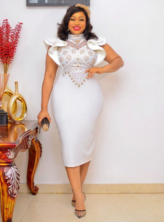 Plus Size Ruffled Sleeves High Waist Temperament Mid-length Dress $75.50 Dana Fashion Color: White Size: L Women's clothing Product information: Pattern: solid color Skirt-type: One-Step skirt Color: White Waist Type: Mid waist Size: S,M,L,XL,XXL,XXXL Sty