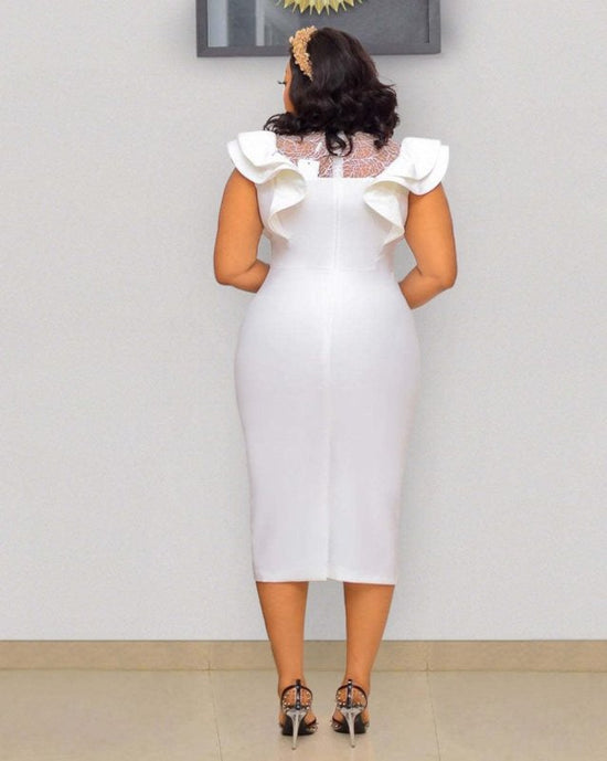 Plus Size Ruffled Sleeves High Waist Temperament Mid-length Dress $75.50 Dana Fashion Color: White Size: L Women's clothing Product information: Pattern: solid color Skirt-type: One-Step skirt Color: White Waist Type: Mid waist Size: S,M,L,XL,XXL,XXXL Sty
