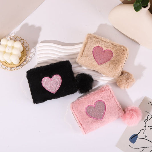 Plush Coin Purse Love Embroidered Zipper $19.00 Dana Fashion Color: Beige Women's Bags Product information: Color: pink love embroidered short zipper wallet, beige love embroidered short zipper wallet, black love embroidered short zipper wallet, blue lovi
