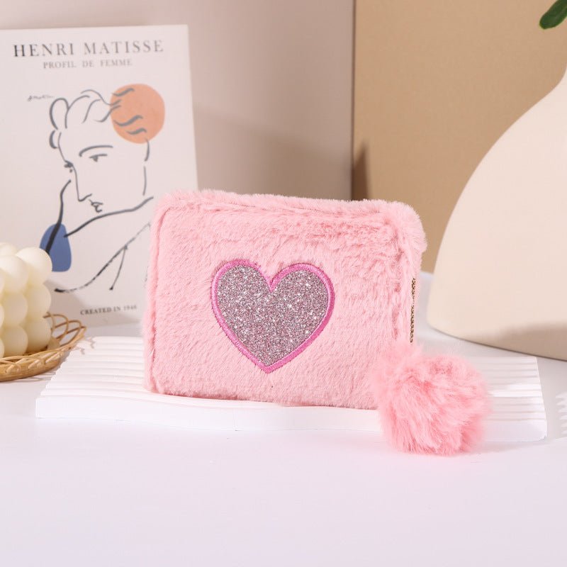 Plush Coin Purse Love Embroidered Zipper $19.00 Dana Fashion Color: Pink Women's Bags Product information: Color: pink love embroidered short zipper wallet, beige love embroidered short zipper wallet, black love embroidered short zipper wallet, blue lovin